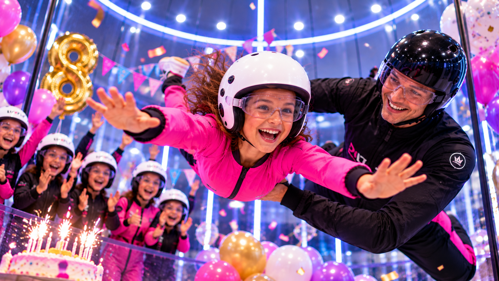 Child flying in the LUXFLY tunnel during a birthday